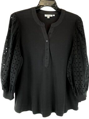 Chico's Black Rib-Knit Henley Top Puffed Eyelet Sleeve Mixed Media Black 3 / XL